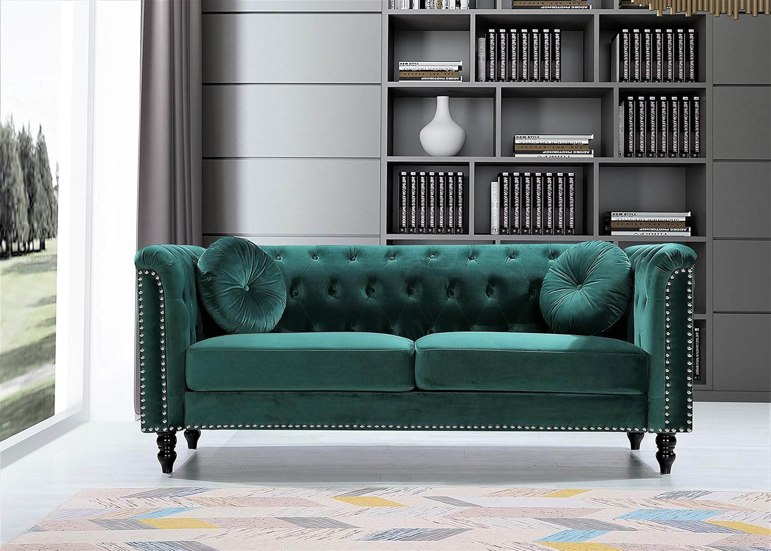 Kittleson Velvet Chesterfield Sofa for Living Room, Apartment or Office, Mid Century Modern Couch with Diamond Tufts and Nailhead Accent, 75.98", Lush Green