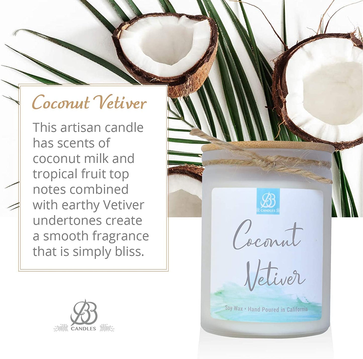 Coastal Essentials Natural Soy Hand Poured Candle, Coconut Vetiver Scent, Fragrant Coastal Candle with Strong Scents, Artisan Candle, 12Oz, 90+ Hours Burn Time