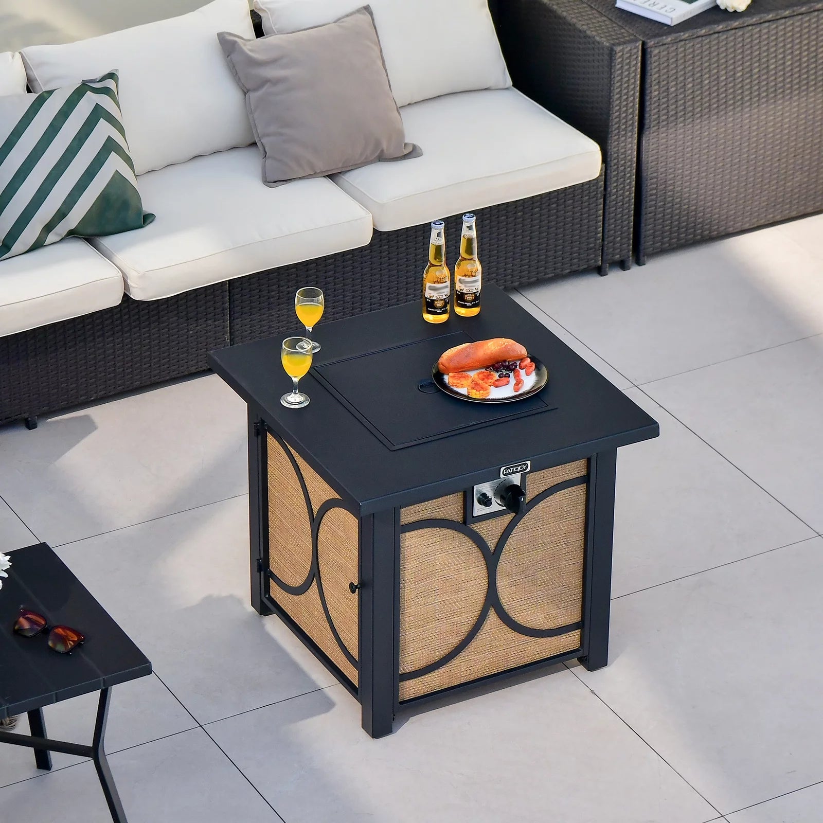 28 Inch Outdoor Square Fire Pit Table 50,000 BTU Propane Gas Fire Table W/ Fire Glasses & PVC Protective Cover