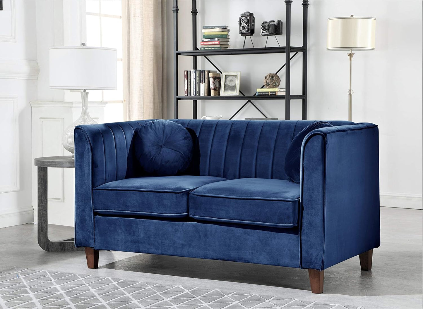 Arvilla Mid Century Velvet Upholstered Chesterfield Living Room, Chair, Loveseat, Sofa, Dark Blue