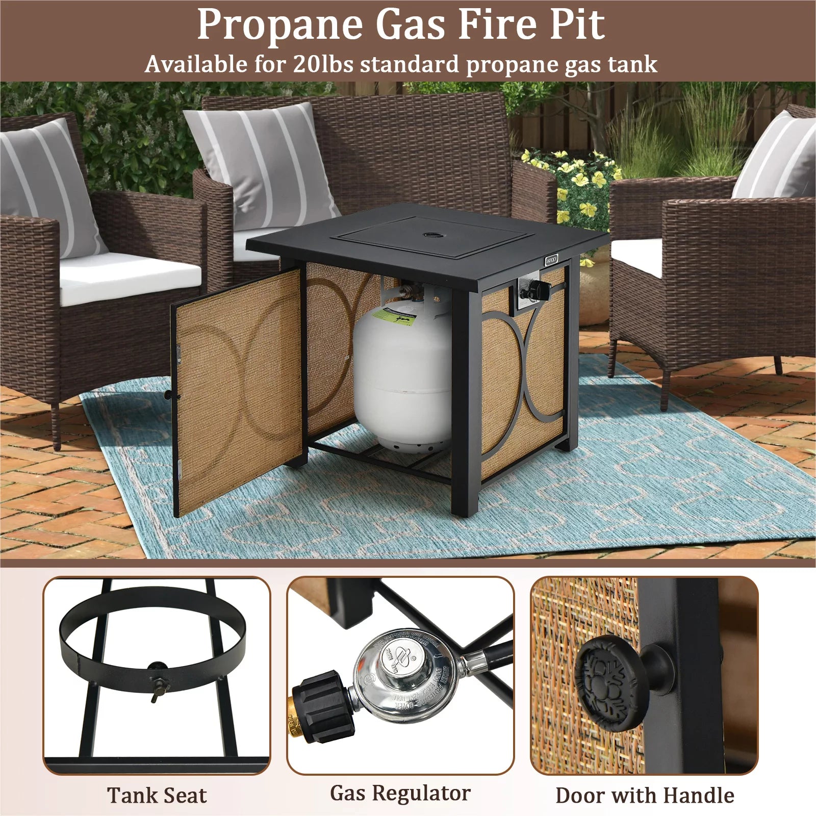 28 Inch Outdoor Square Fire Pit Table 50,000 BTU Propane Gas Fire Table W/ Fire Glasses & PVC Protective Cover
