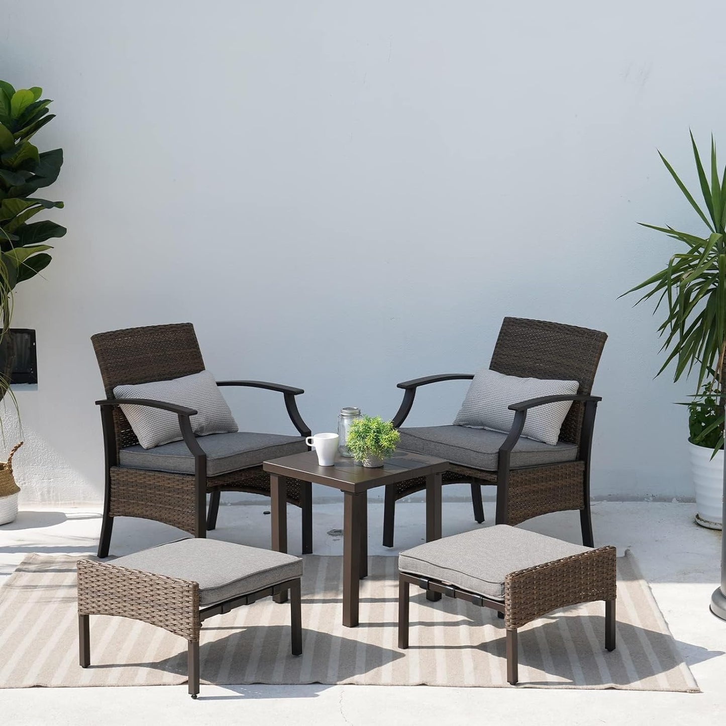5-Piece Outdoor Furniture Sets Weather-Resistant Wicker Steel Outdoor Patio Chairs with Olefin Cushions Ottomans and Coffee Table for Balcony Backyard Garden Poolside- Gray