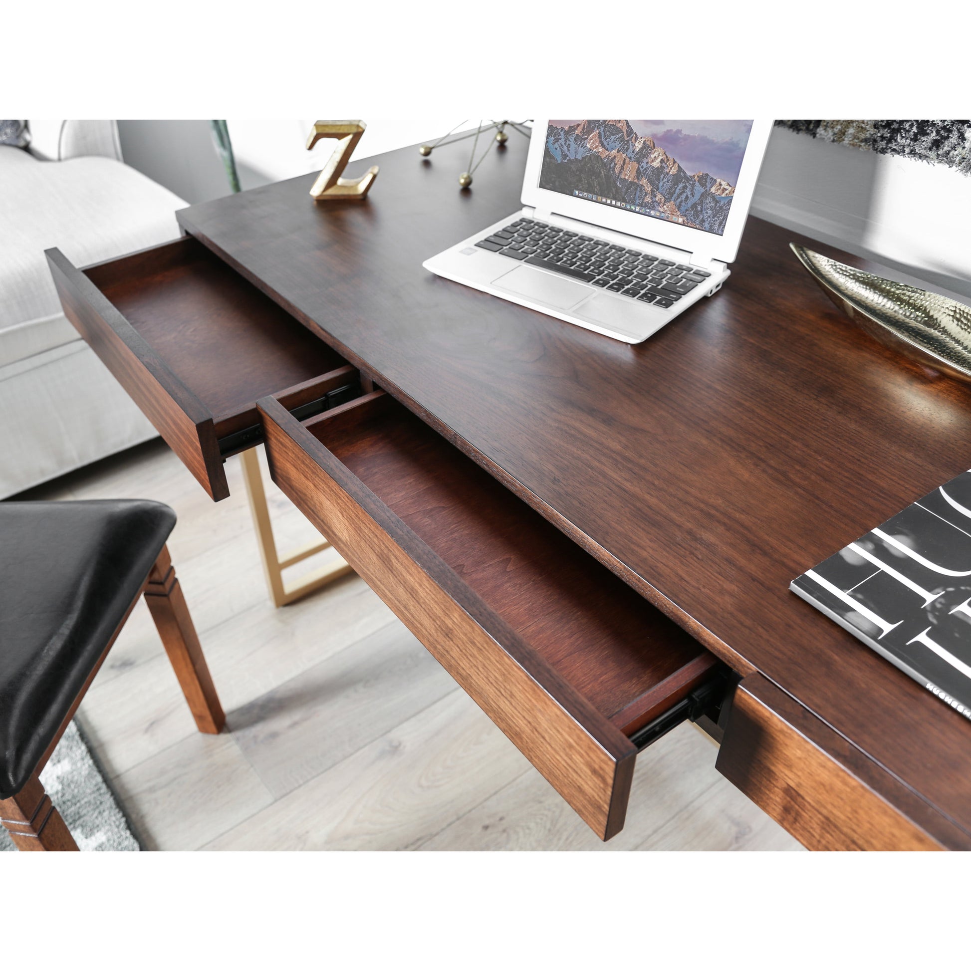 Maurice Contemporary Home Office 3-Drawer Desk in Light Walnut Wood Finish