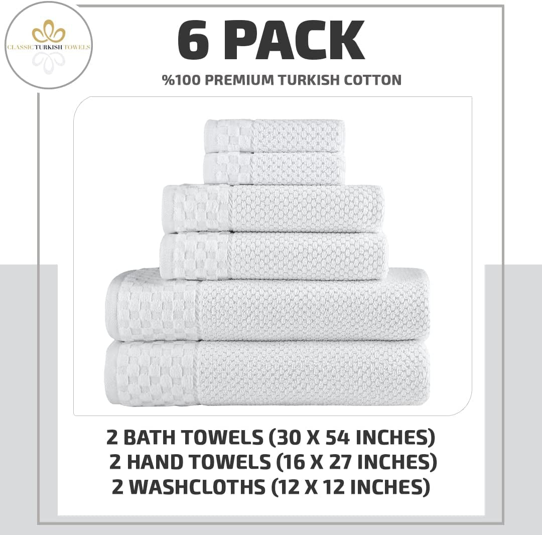CTT Set of 6-100% Turkish Cotton, Absorbent & Comfy, Includes 2 Bath Towel 2 Hand Towel & 2 Washcloth | (White)