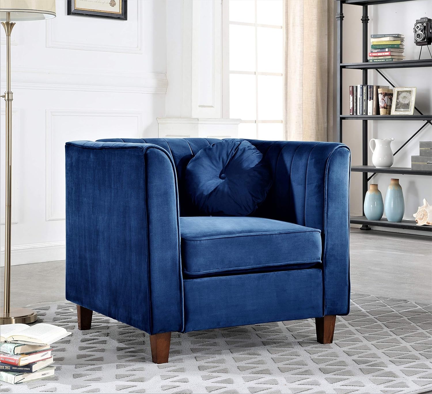 Arvilla Mid Century Velvet Upholstered Chesterfield Living Room, Chair, Loveseat, Sofa, Dark Blue