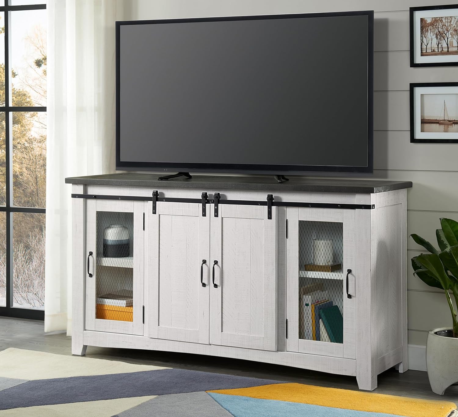 Hampton TV Stand, White Stain with Grey Stain Top