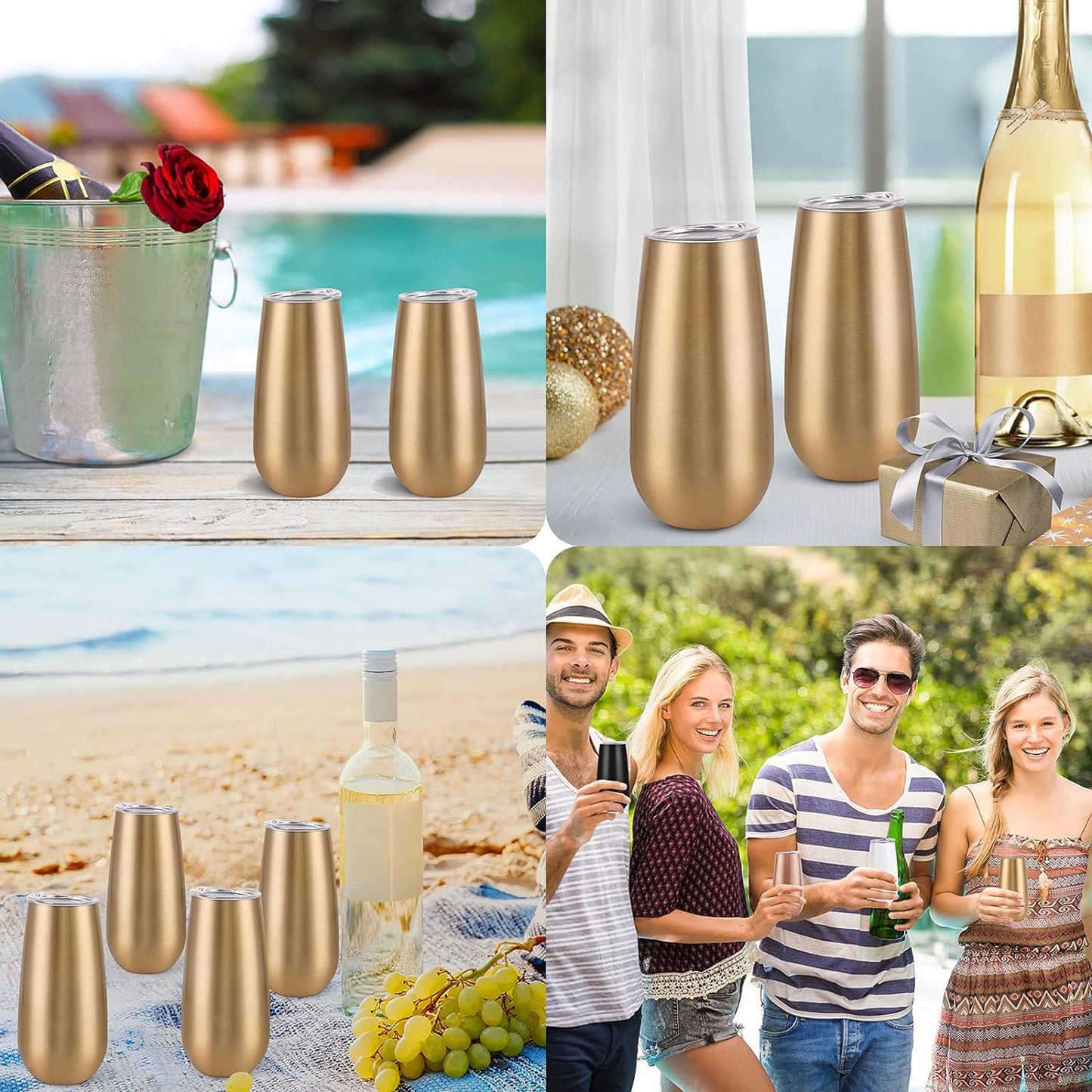 8 Pack Insulated Champagne Tumblers, Stemless Champagne Tumbler 6 Oz, Champagne Flutes Wine Tumbler, Unbreakable Cocktail Cups with Lid, Gift for Family Friends Christmas Birthday Wedding (Gold)
