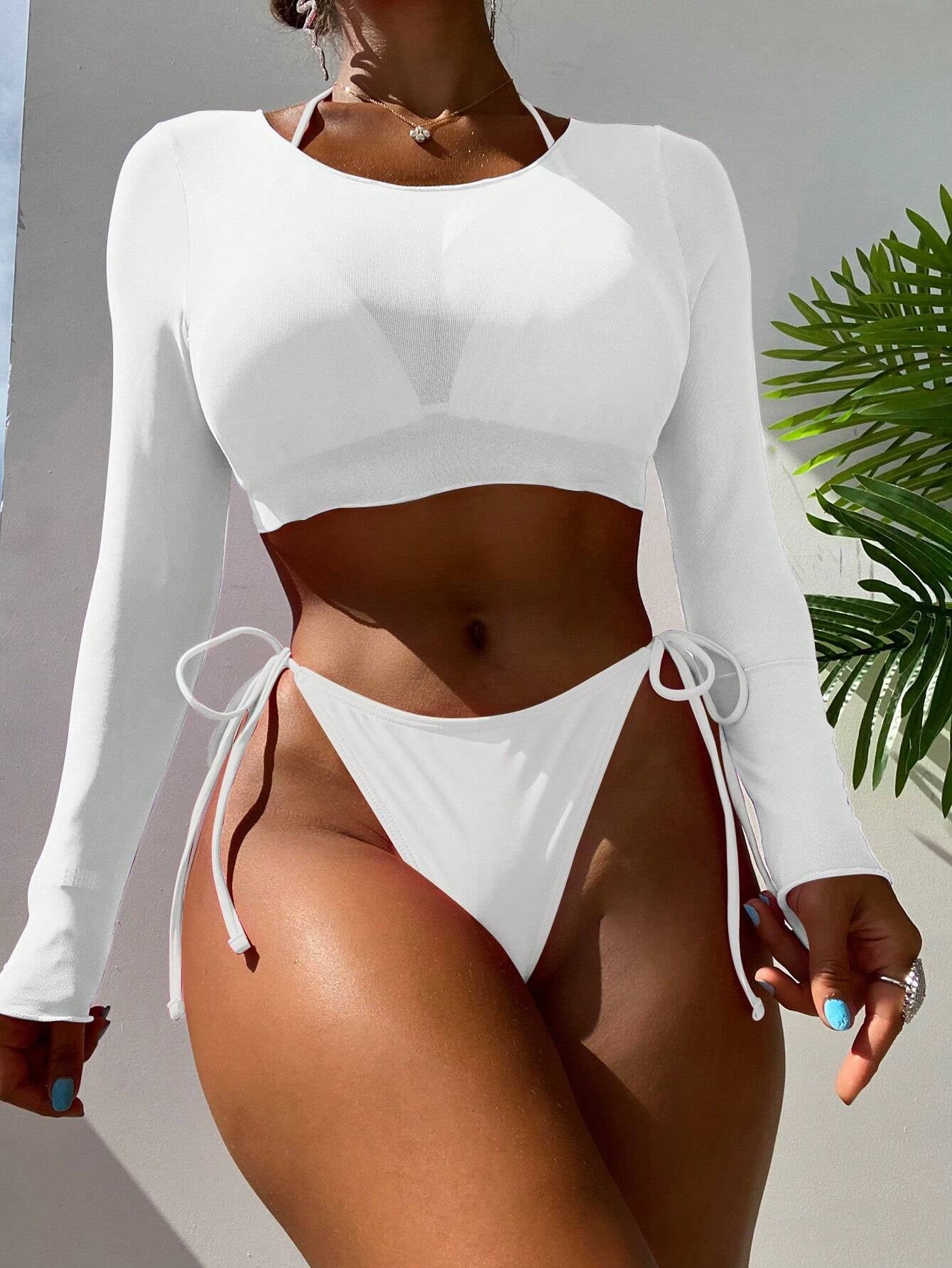 SHEIN Swim Summer Beach 3Pack Solid Halter Triangle Bikini Swimsuit & Cover up Top