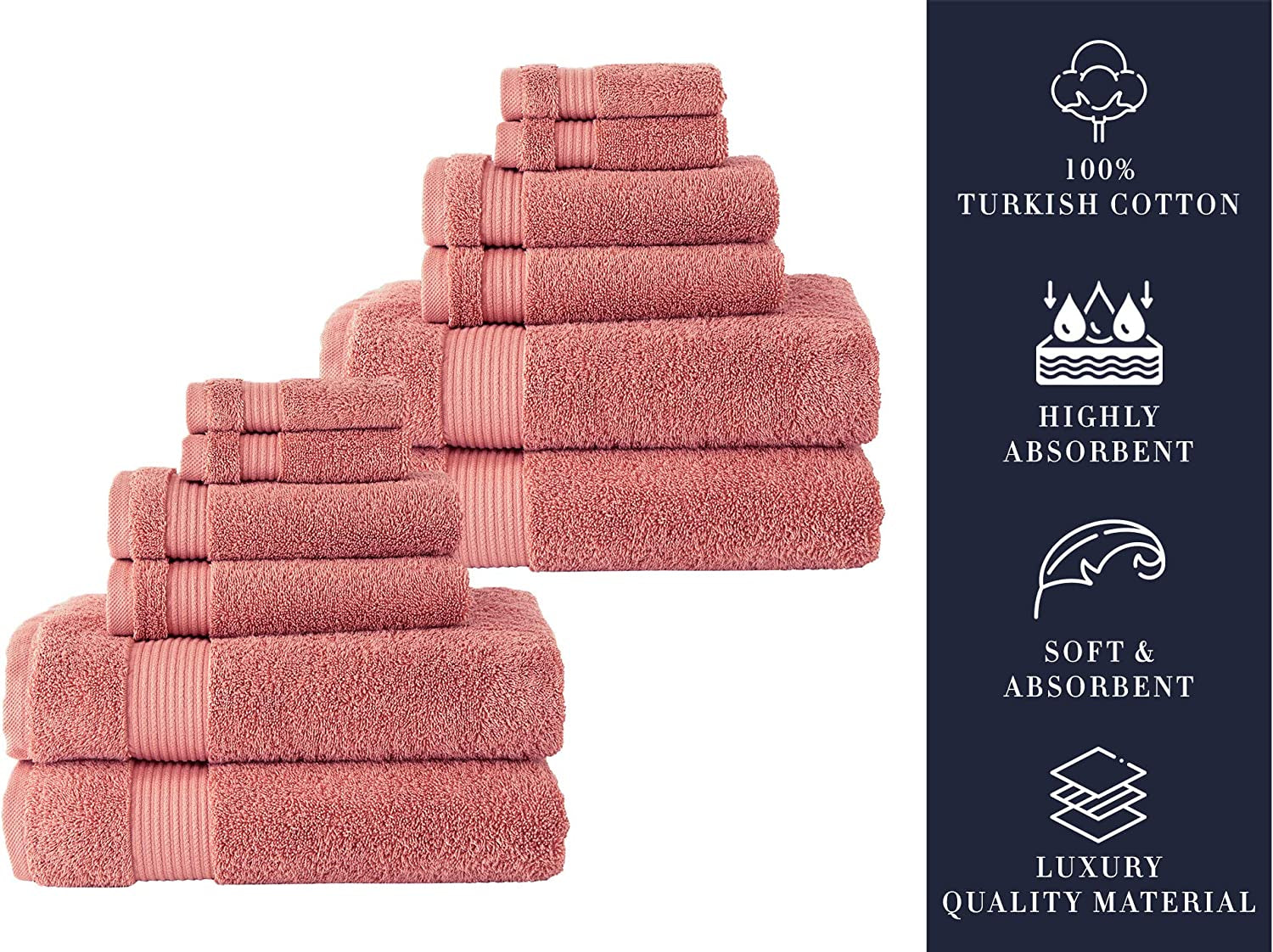 - Luxury Towel Set for Bathroom, 100% Turkish Cotton, Quick Dry, Soft and Absorbent Bath Towels, Hand Towels, and Washcloths, Amadeus Collection - 12-Piece Set (Coral)