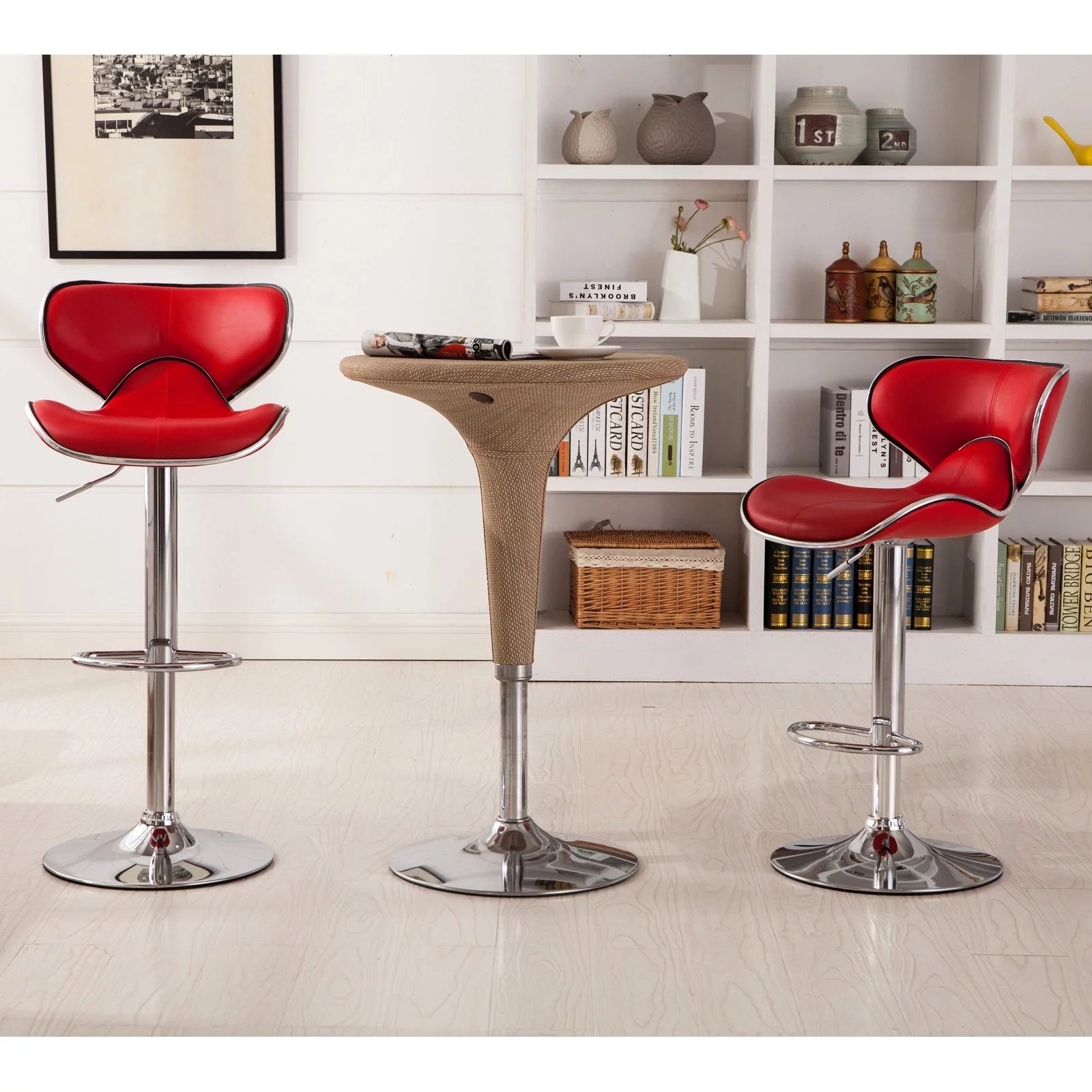 Roundhill Masaccio Cushioned Leatherette Upholstery Airlift Adjustable Swivel Barstool with Chrome Base, Set of 2, Multiple Colors Available