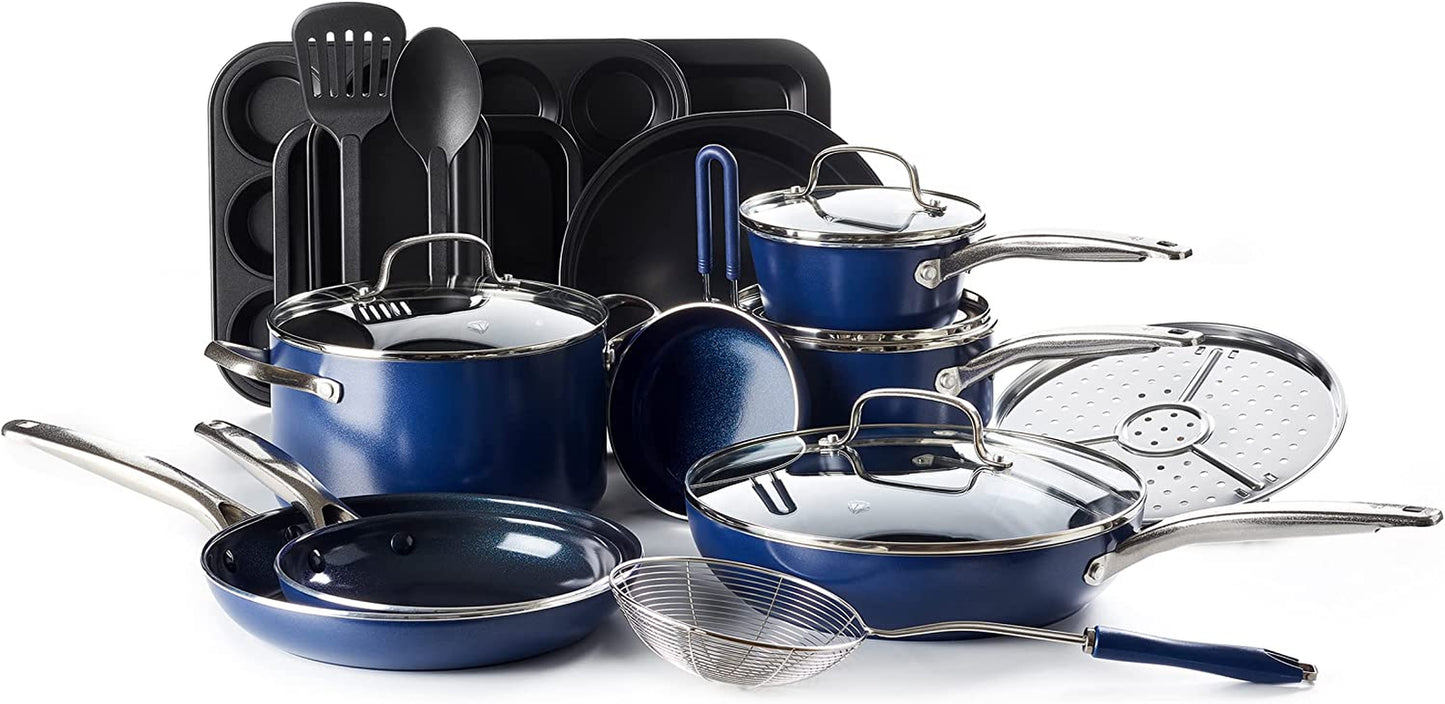 Cookware Diamond Infused Ceramic Nonstick 20 Piece Cookware Bakeware Pots and Pans Set, Pfas-Free, Dishwasher Safe, Oven Safe, Blue