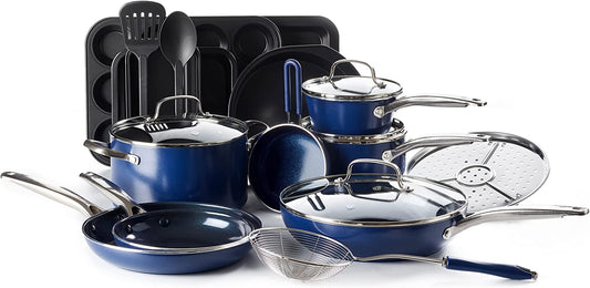 Cookware Diamond Infused Ceramic Nonstick 20 Piece Cookware Bakeware Pots and Pans Set, Pfas-Free, Dishwasher Safe, Oven Safe, Blue