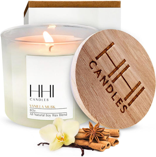Vanilla Candle | Vanilla Musk Scented Soy Candle | a Blend of Vanilla, Cinnamon, Amber & Hint of Musk | Large Eight Ounce Single Wick Candle | Long Burn Time |